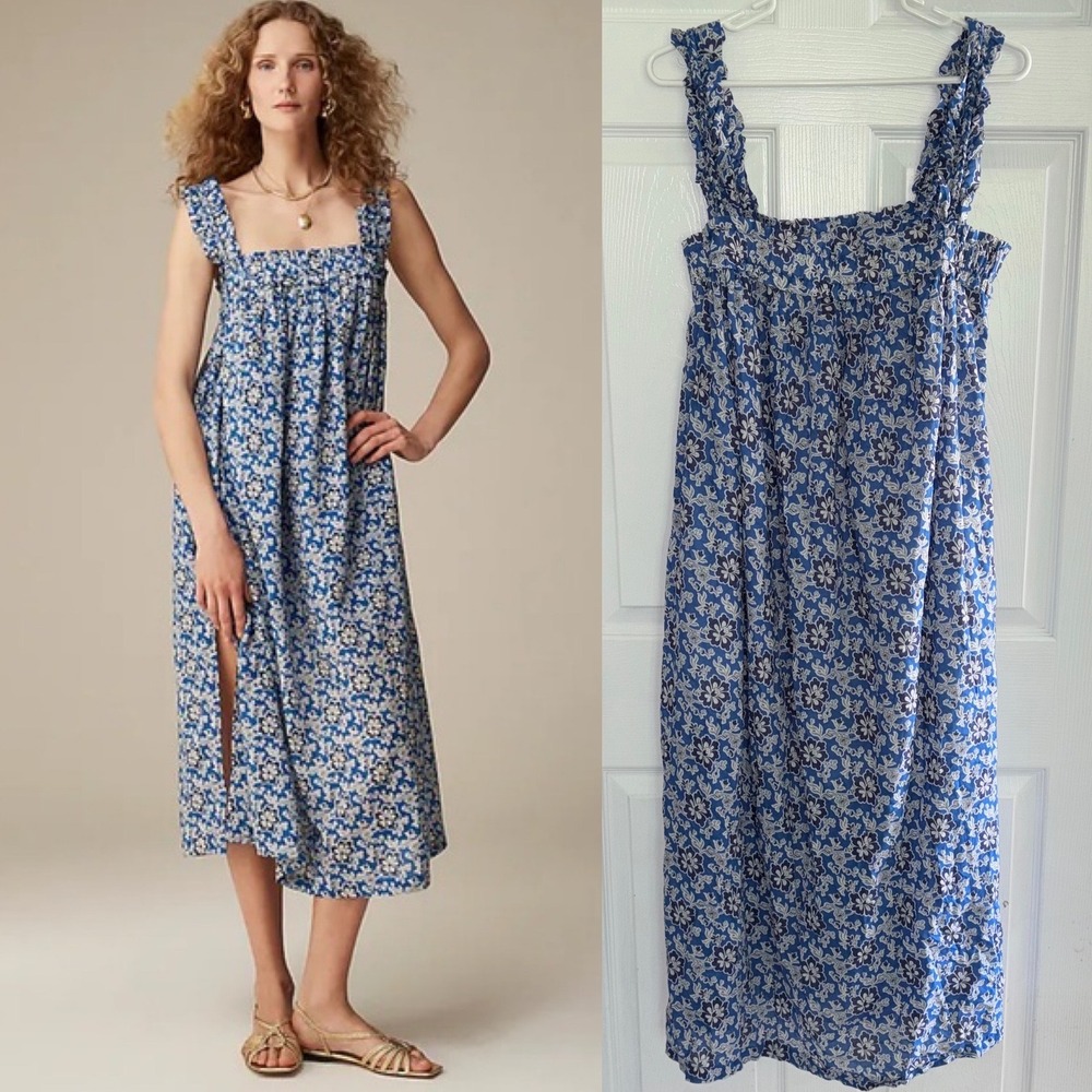 J.Crew Cotton Voile Ruffle Trim Shift‎ Dress M Cobalt Blue Floral Midi
